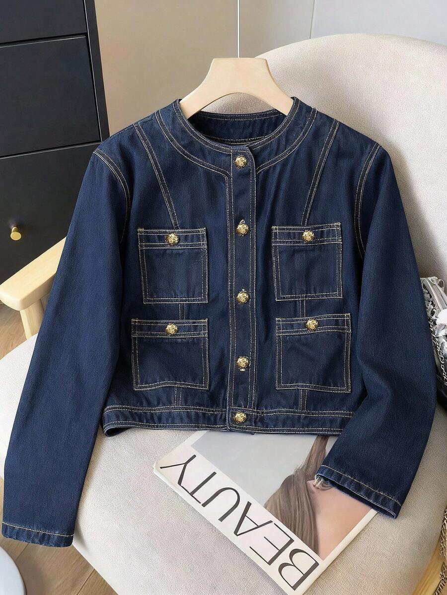 GlowEve Casual Washed Cropped Denim Top, Autumn - Blue - View 1