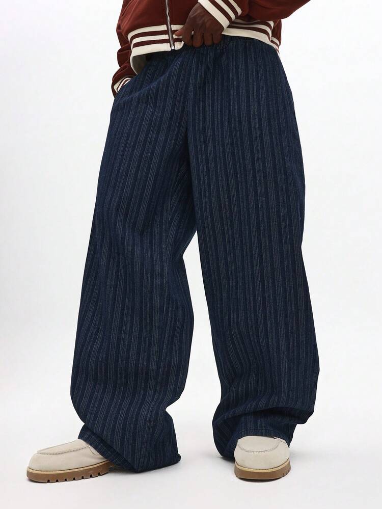 Wide Leg Pinstripe Denim Pull On Jeans