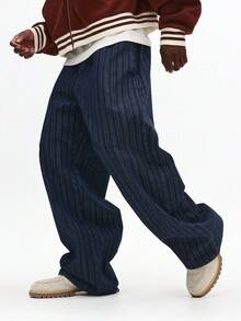 SUMWON 阔腿细条纹牛仔裤 复古风宽松高腰套穿裤 经典日常休闲秋冬下装 纯色 - 藍色 - 查看 4