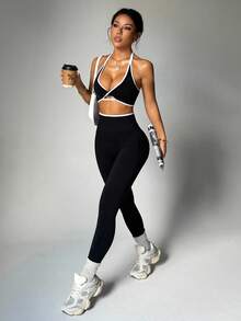 Slayform 女式撞色绑带吊带上衣和高腰紧身裤运动套装