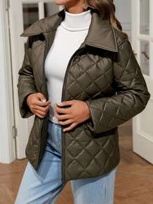 EURMUSE 女士纯色拉链口袋加厚冬季外套 - 卡其色 - 查看 3