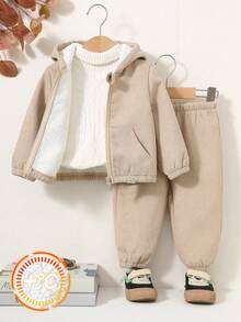 SHEIN 幼儿男童休闲户外灯芯绒衬里宽松连帽夹克和松紧腰裤套装