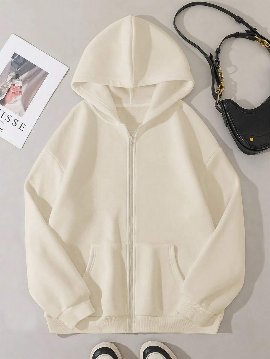 INAWLY Women's Zip-Up Drop Shoulder Pocket Sweatshirt - Standard Size - Apricot - View 1