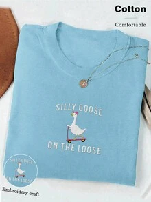 Women's Casual Cute Goose & Letter Print Round Neck Short Sleeve T-Shirt, Summer, Christmas - Blue - View 3