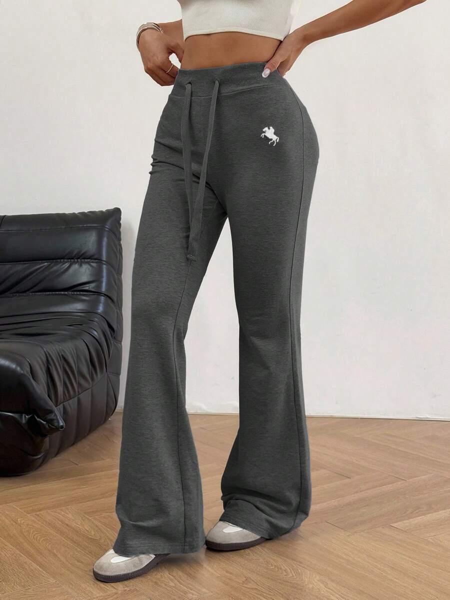 SHEIN EZwear 女式纯色抽绳休闲夏季刺绣喇叭裤 - 深灰色 - 查看 1