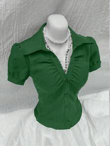 Sweetra 女士 V 领褶饰胸部修身短袖衬衫（如果胸围较大，请考虑选择大一码），时尚百搭，适合办公室穿着 - 墨綠色 - 查看 3