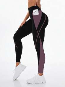 SHEIN Sports 女式高腰弹力撞色手机口袋运动紧身裤 - 彩色 - 查看 2