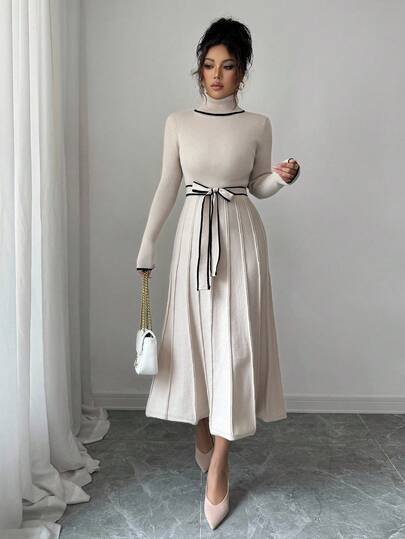 SHEIN Elenzya Elegant, åtsittande damklänning med hög halsringning, kontrasterande detaljer, ribbad textur och peplumfåll, höst/vinter