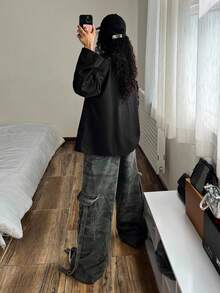 StreetHx Camisa de manga larga de estilo callejero con ajuste holgado y estampado de logo para mujer - Negro - Ver 2