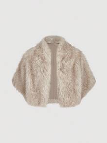 SHEIN MOD 秋冬卡其色人造毛皮短款开衫 - 卡其色 - 查看 2