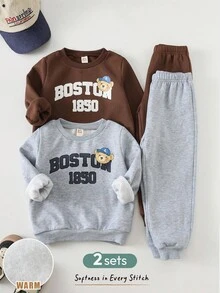 Cozy Pixies 4pcs/Set Young Boy Letter & Bear Pattern Knit Soft Fleece Crew Neck Long Sleeve Sweatshirt And Elastic Waist Pants Fall Winter