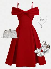 Girlism 青少年女孩红色露肩吊带大束腰喇叭裙圣诞派对连衣裙 - 酒紅色 - 查看 1