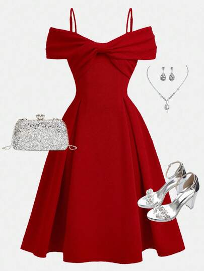 Girlism Tween Girls Red Off Shoulder Strap Big Cinched Waist Flared Dress Christmas Party Dress,Red Christmas/New Year