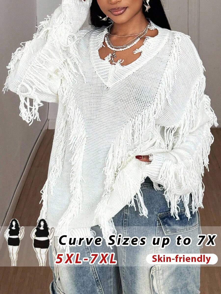 SHEIN CURVE+ 大码女装秋冬毛衣长袖套头衫纯色白色V领破洞针织毛衣设计感宽松休闲万圣节朋克朋克针织毛衣女装日常通勤上衣黑色辣妹针织毛衣 - 白色 - 查看 1