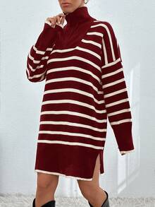 EURMUSE Women Stiped Knit Design Knit Dress With Zipper Detail - Burgundy - View 5