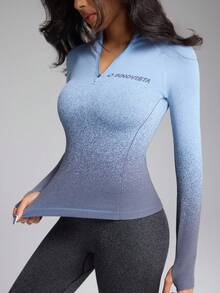 Innovista Women Seamless Blue White Grey Ombre Long Sleeve Slim Fit T-Shirt Lightweight Breathable UV Protection Moisture Wicking Half Zip Minimalist Letter Print For Hiking Running Biking Gym Yoga Pilates Fall Winter Layering Office To Outdoor Athleisure Utilitarian Chic Clean Girl Aesthetic Soft Stretchy Sculpting Fit Sensitive Skin Friendly Base Layer Or Standalone IG Reel Ready OOTD Festival Streetwear Sports Women Tops Workout Women Sets Valentine Day Essentials - Blue - View 1