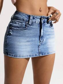 SHEIN ICON Women's Summer Street Fashion Washed Asymmetric Pocket Mini Denim Skirt - Medium Wash - View 7