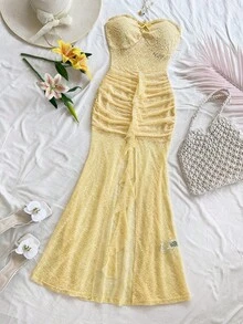 Soleia Women's Elegant Strapless Pale Yellow Lace Mermaid Midi Dress,Starfish Decor Semi-Sheer Ruffle Hem,Summer Beach Tropical Vacation Holiday Outfit - Light Yellow - View 3