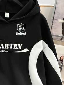 SHEIN Teen Girl Colorblock Letter Print Pattern Loose Casual Sweatshirt Fall Winter - Black and White - View 4