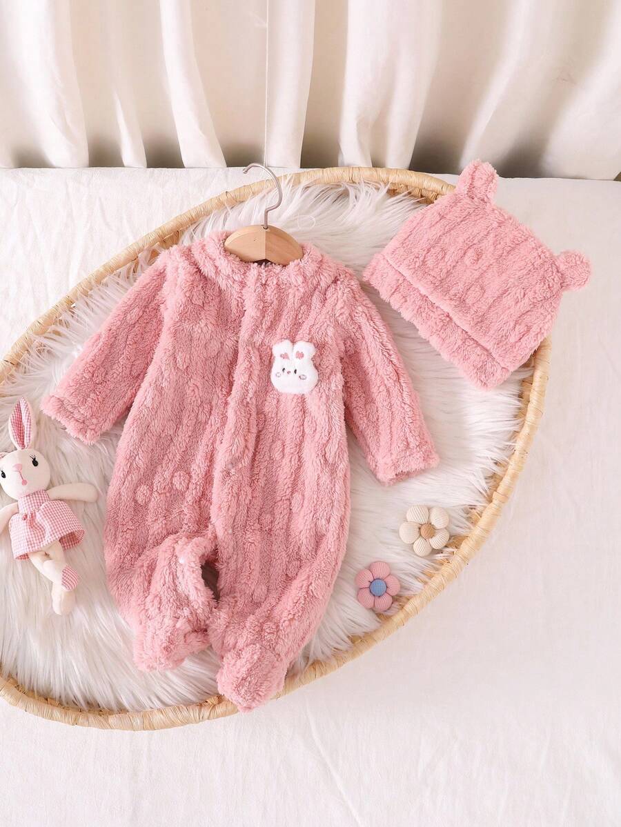 SHEIN 2 件新生儿杏色毛绒泡泡绒 3D 兔子长袖连帽连体衣套装 - 粉色 - 查看 1