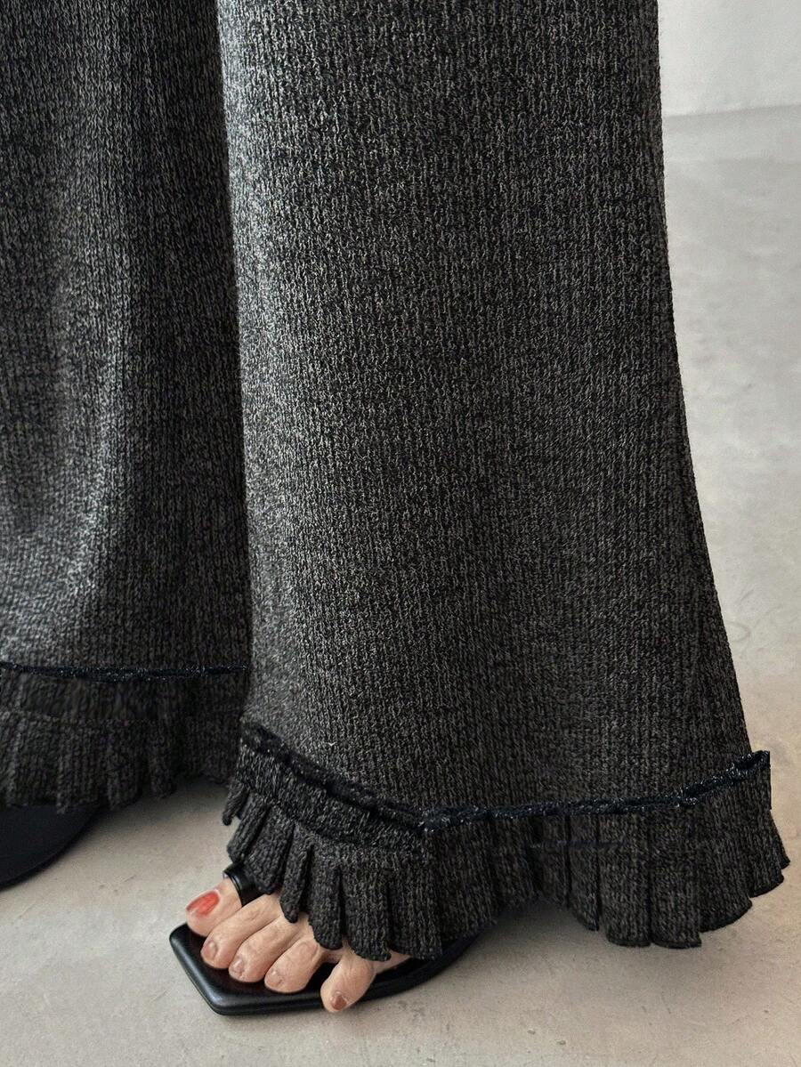 FRIFUL Women's Solid Dark Gray Ribbed Texture Flared Casual Pants, Versatile For Autumn - Dark Grey - View 1