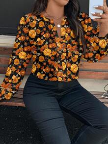 EMERY ROSE Plus Size Vintage Elegant Floral Print Shirt, Suitable For Fall