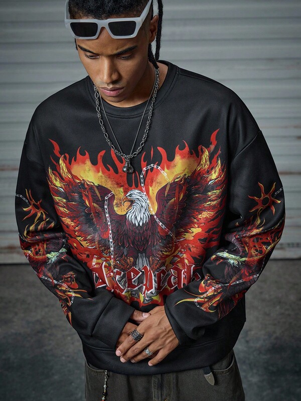 AXEPEAK Men's Casual Crew Neck Dropped Shoulder Eagle Graphic Loose Fit Pullover Sweatshirt, For Fall Winter