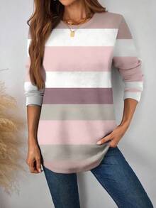 EMERY ROSE Casual Striped Minimalist Loose Fit Crew Neck Long Sleeve Sweatshirt For Women, Suitable For Autumn/Winter Graduation,Back To School Outfits,Graduation,Teacher Outfits For Women,Back To School - Multicolor - View 1