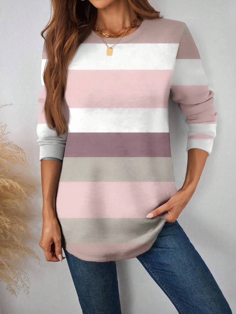 EMERY ROSE Casual Striped Minimalist Loose Fit Crew Neck Long Sleeve Sweatshirt For Women, Suitable For Autumn/Winter Graduation,Back To School Outfits,Graduation,Teacher Outfits For Women,Back To School - Multicolor - View 1