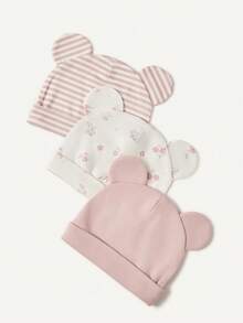 Cozy Pixies 3 chiếc/bộ mũ len mềm mại & thoải mái cho trẻ sơ sinh, họa tiết sọc, họa tiết gấu hồng - Nhiều màu - Xem 8