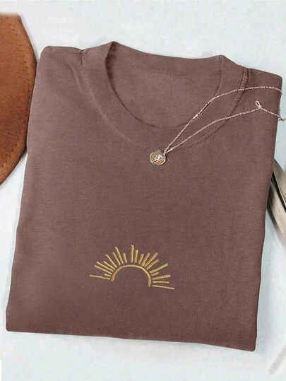 INAWLY Women's Summer Sun Embroidery Crew Neck Short Sleeve Casual T-Shirt