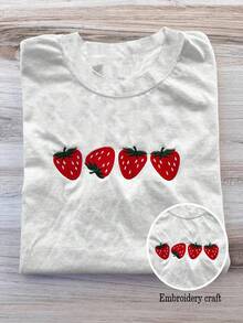 Áo phông thêu hình dâu tây thoải mái nhiều màu sắc, Áo phông trái cây, Áo phông mùa hè, Áo phông thêu, Áo phông thêu, Áo phông tùy chỉnh, Áo phông nữ hình dâu tây dễ thương - trắng - Xem 1