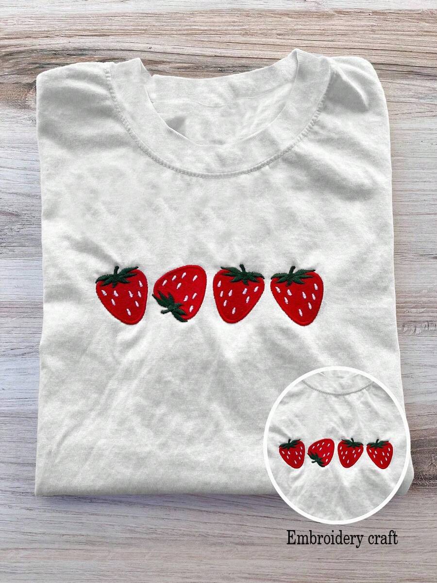 Áo phông thêu hình dâu tây thoải mái nhiều màu sắc, Áo phông trái cây, Áo phông mùa hè, Áo phông thêu, Áo phông thêu, Áo phông tùy chỉnh, Áo phông nữ hình dâu tây dễ thương - trắng - Xem 1