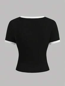 SHEIN Girlism Teen Girls Spring/Summer Fashion Ribbed Knit Black & White Contrast Casual Fitted Basic T-Shirt & Contrast Waistband Loose Pocket Pants Set, Casual Sports Street Chic. Athleisure, Back To School, Soccer Sports, Outdoor Comfort Set - Black - View 7