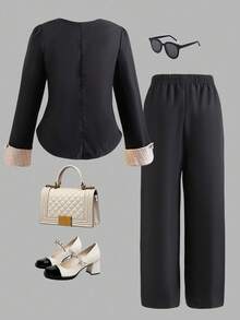 Women's Colorblock Front Open Cardigan And Solid Wide Leg Pants Set