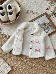 SHEIN 女婴厚羊毛刺绣花领外套夹克，秋冬 - 白色 - 查看 4