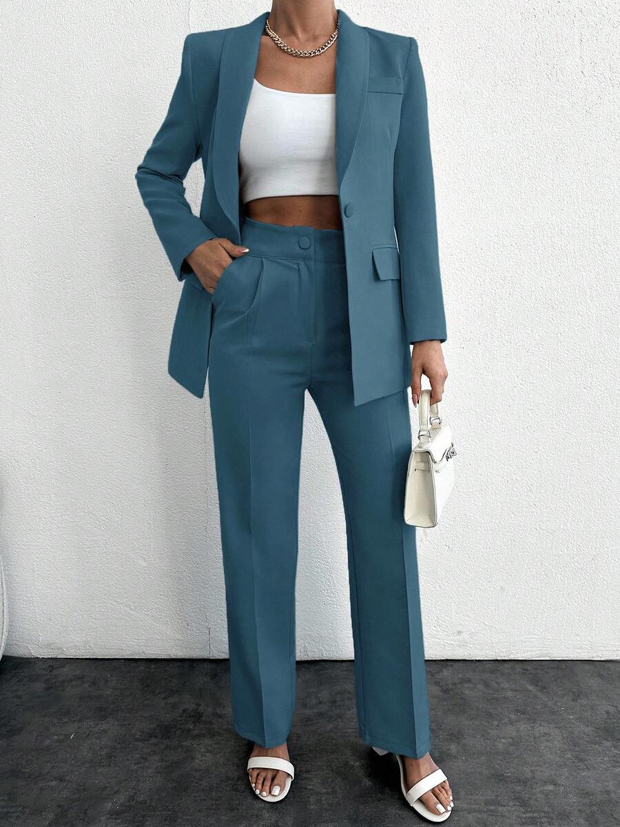 EURMUSE Nữ Đi Làm Cổ Chữ V Nút Đơn Dài Tay Quần Dài Màu Trơn Bộ Đồ Thanh Lịch - Màu xanh lá cây đậm - Xem 1