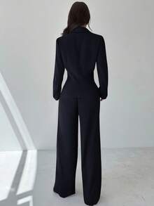 Firerie Bộ vest hai mảnh thời trang tối giản, thoải mái, có ve áo kim loại, tay dài và quần cạp cao, màu tím cà tím, thu/đông - Màu xanh hải quân - Xem 3