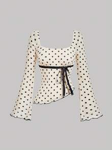 SHEIN MOD Women's Polka Dot Asymmetric Hem Bow Apricot Suit, Fall /Winter,Halloween,Christmas, Going Out,Chic,Casual,Prom,Graduation,Party,Casual,Formal,Luxury, Polka Dot Outfit, 2 Pieces Skirt Sets Woman, Two Pieces Skirt Set Summer, Midi Skirt Set