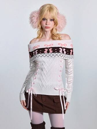 ROMWE Avant Jersey ajustado con hombros descubiertos, lazo y estampado jacquard de corazón retro minimalista y sexy para mujer