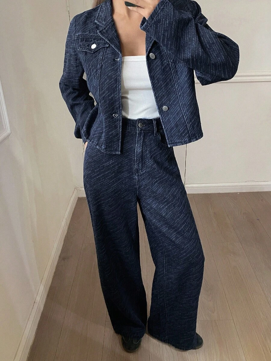 DAZY 女式西部牛仔破洞水洗宽松翻领长袖牛仔外套和直筒裤休闲街头秋冬牛仔套装 - 藍色 - 查看 1