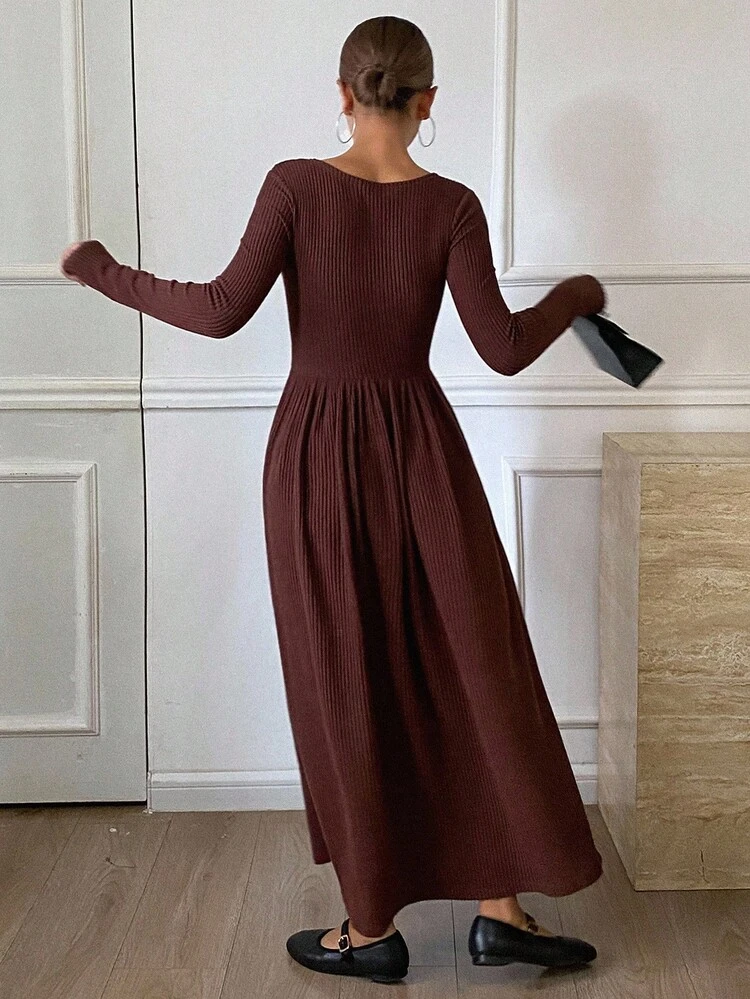 Women's Solid Color Overlap V-Neck Long Sleeve Pleated Casual Dress