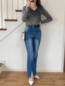 FRIFUL Women's V-Neck Fitted Tight Collar Mesh Patchwork Ribbed Fabric Multi-Layer Ruffle Splice Contrast Color Casual T-Shirt Long Sleeve Top - Grey - View 4