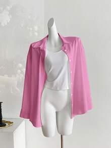 Resyla 女式纯色前扣休闲宽松长袖衬衫 - 粉色 - 查看 4