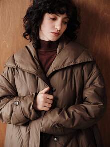 Zovinel 女装冬季新款简约高端保暖长袖系带可拆卸长款棕色棉服外套，适合通勤 - 咖啡棕 - 查看 2