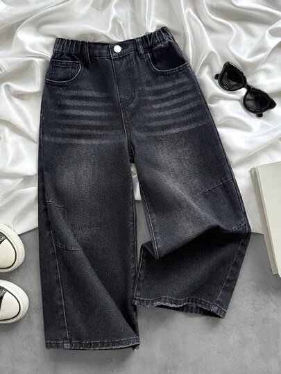 SHEIN 男童复古舒适柔软休闲水洗斜插口袋宽松黑色牛仔裤，适合秋冬季日常穿着、街头风、万圣节、圣诞节等场合，也可作为冬季牛仔裤、保暖牛仔裤穿着。