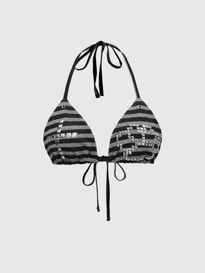 J-Fashion Débardeur femme rayé noir et gris avec croix ornée de strass, style Y2K