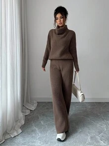 Elenzga Elegant Casual Loose Camel Long Sleeve Knit Sweater And Pants Two Pieces Set, Suitable For Commuting, Autumn/Winter - Camel - View 7