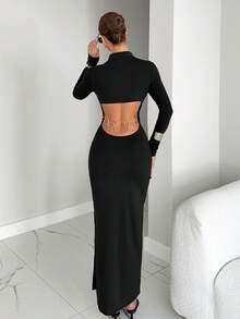 Siren Gaze Women Elegant Dresses For Women Black Knitted Open Back Hardware Ring Long Sleeve Long Dress Women's Solid Color Stand Collar Long Sleeve Backless Ring Connected Slim Fit Elegant Dress Winter