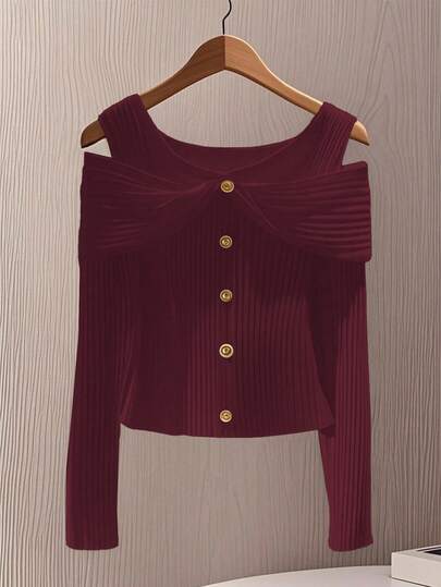 GlowEve 女式纯色单排扣露肩长袖罗纹T恤